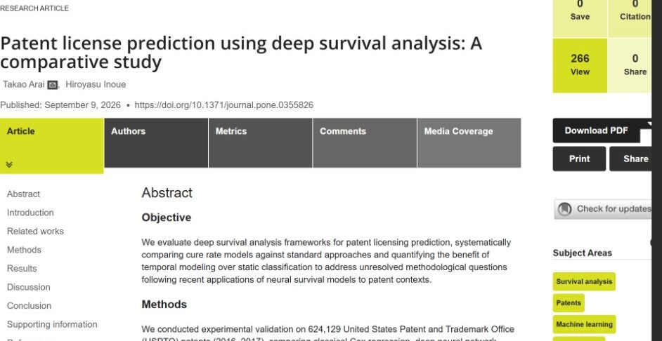 PLOS One article page: Patent license prediction using deep survival analysis: A comparative study