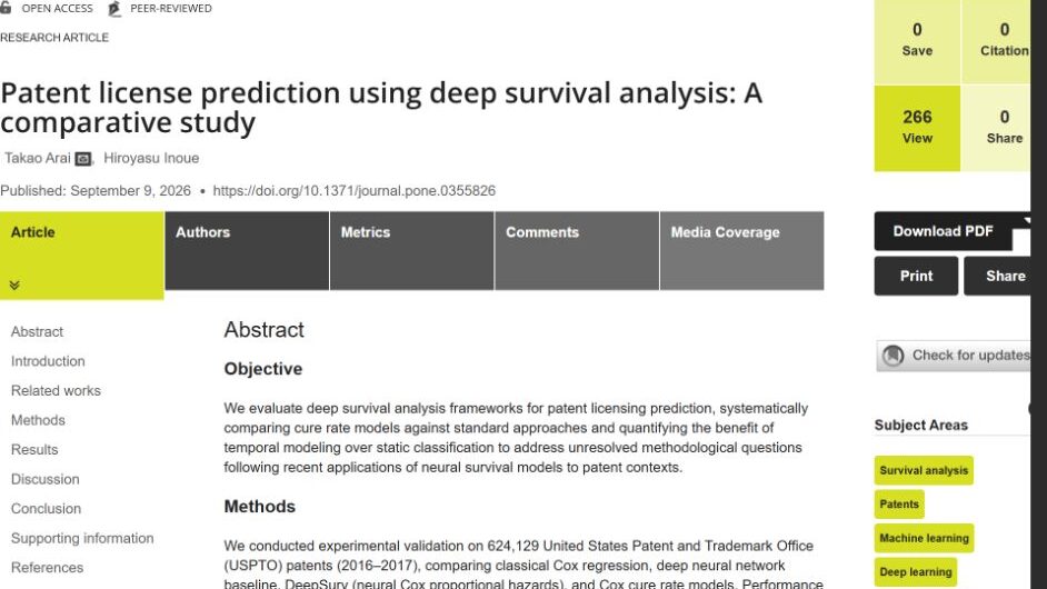 PLOS One article page: Patent license prediction using deep survival analysis: A comparative study